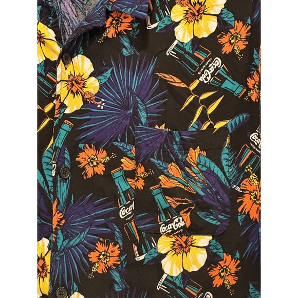 Coca Cola Hawaiian Shirt Mens XXL Black Floral Tropical Coca Cola Bottles Aloha - Picture 2 of 6